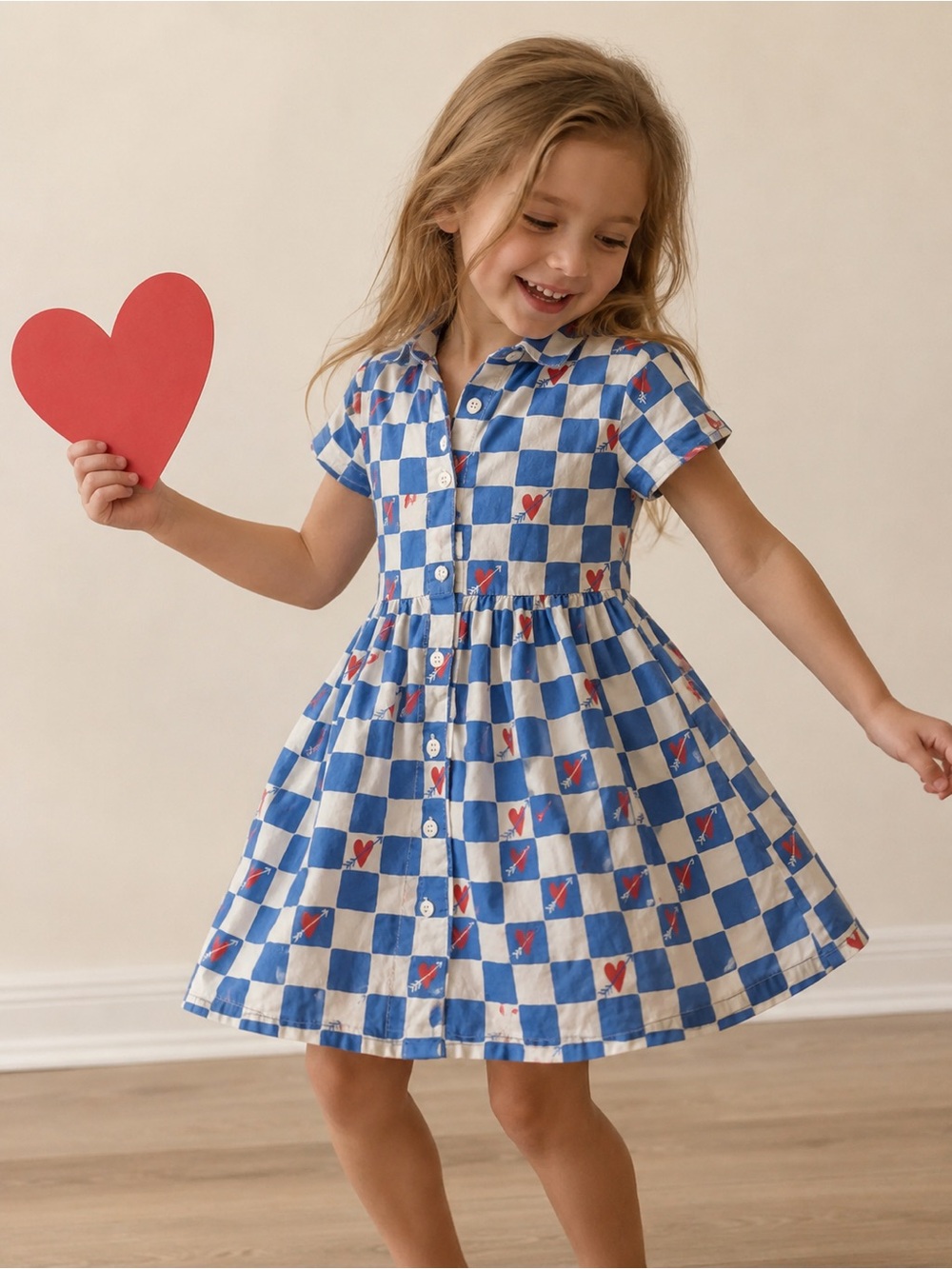 Hanna Andersson Blue & White Checkerboard Heart Button-Front Dress
